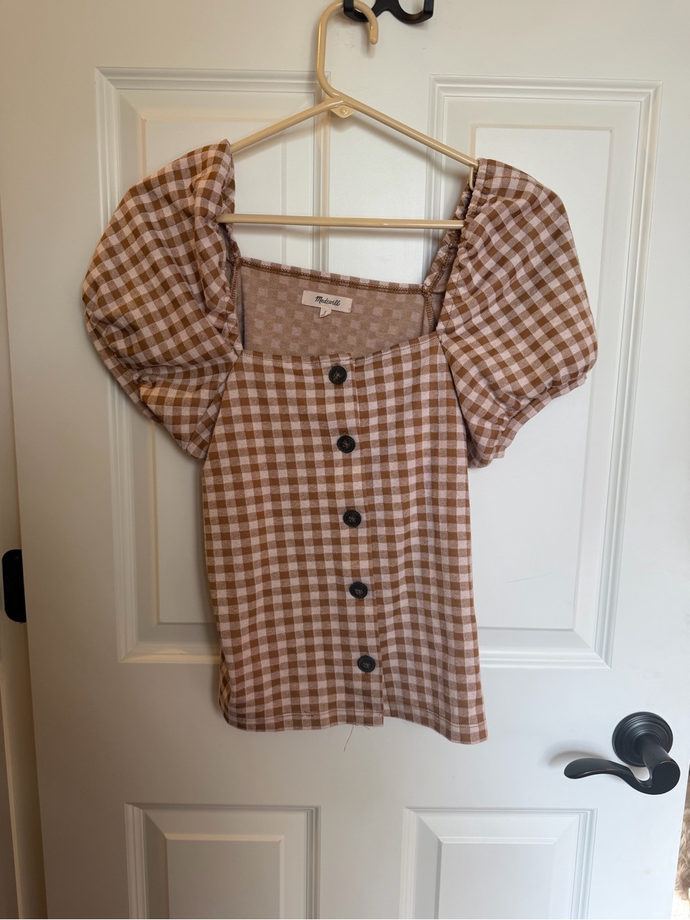 Madewell Brown and Cream Gingham Puff-Sleeve Button Front Blouse